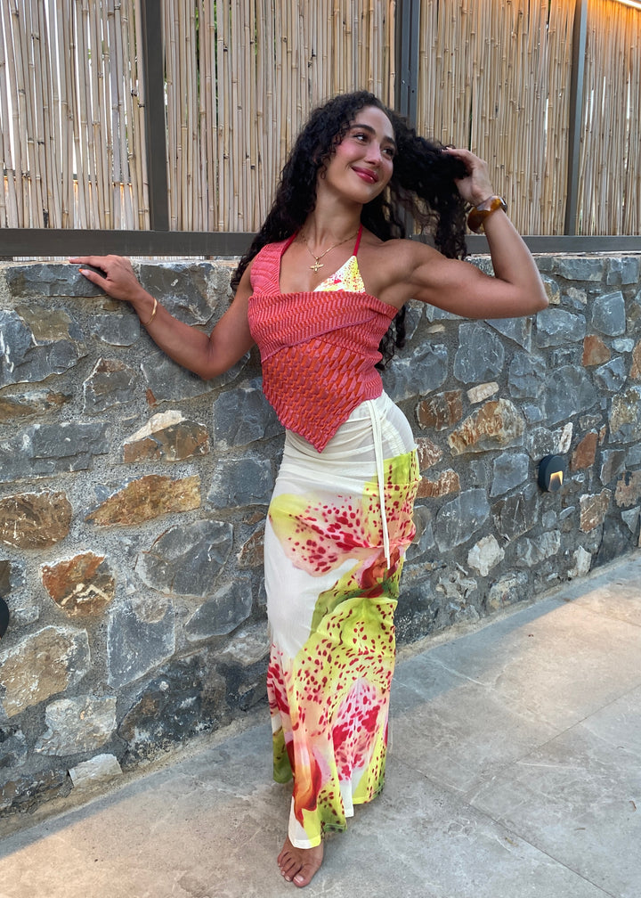 SCULPTED ONE SHOULDER TOP - METALLIC CORAL