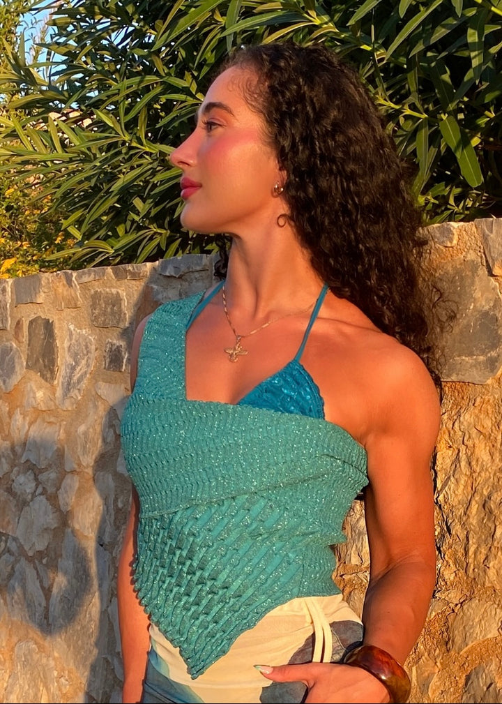 SCULPTED ONE SHOULDER TOP - METALLIC TEAL